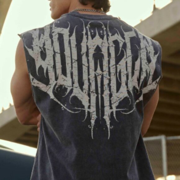 YOUNGLA Anarchy Cropped Tank Men Medium Black Wash Cut Off Sleeveless Distressed - Picture 2 of 9